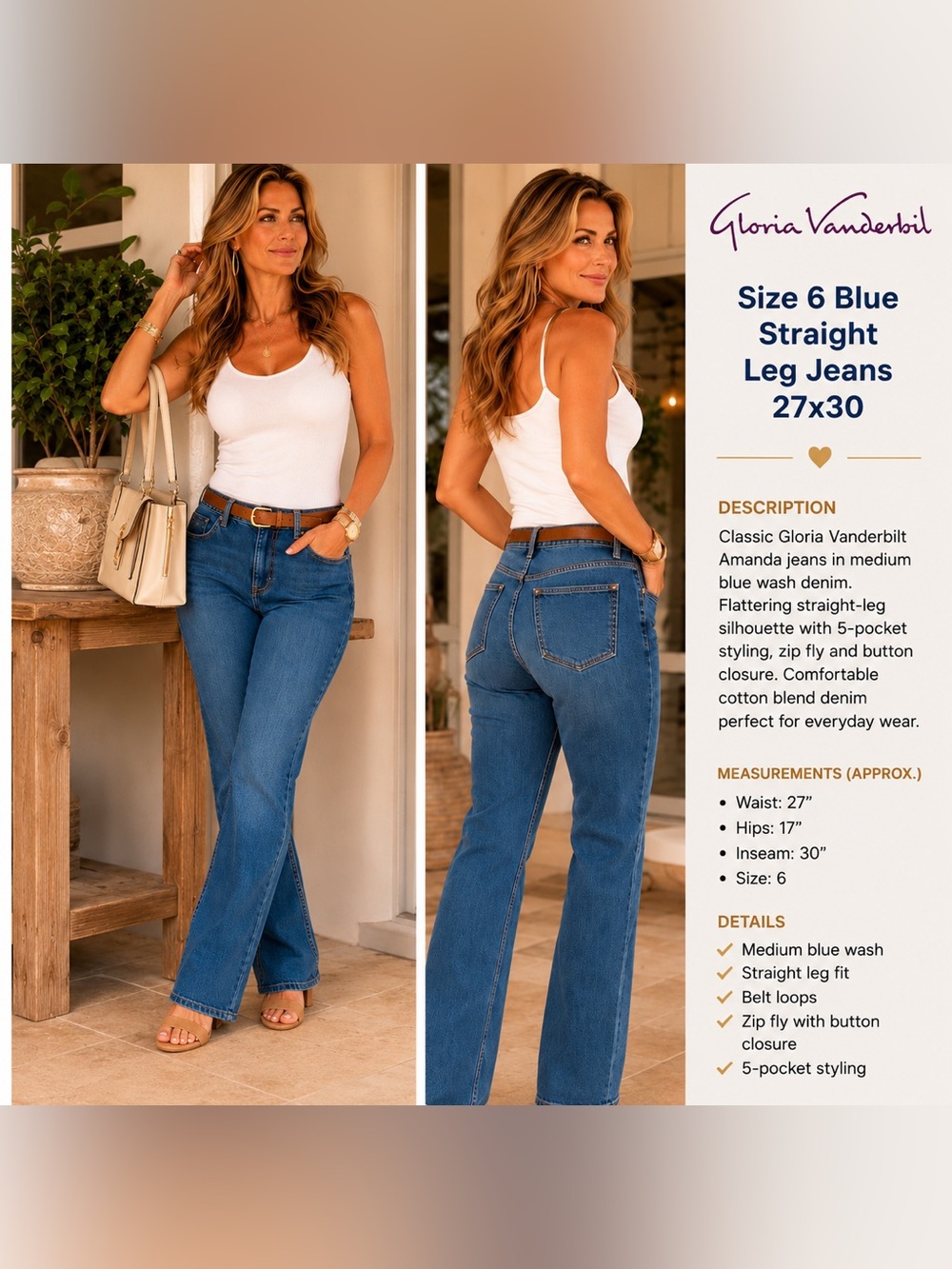 Gloria Vanderbilt Amanda Jeans Size 6 Blue Straight Leg Denim 28x30